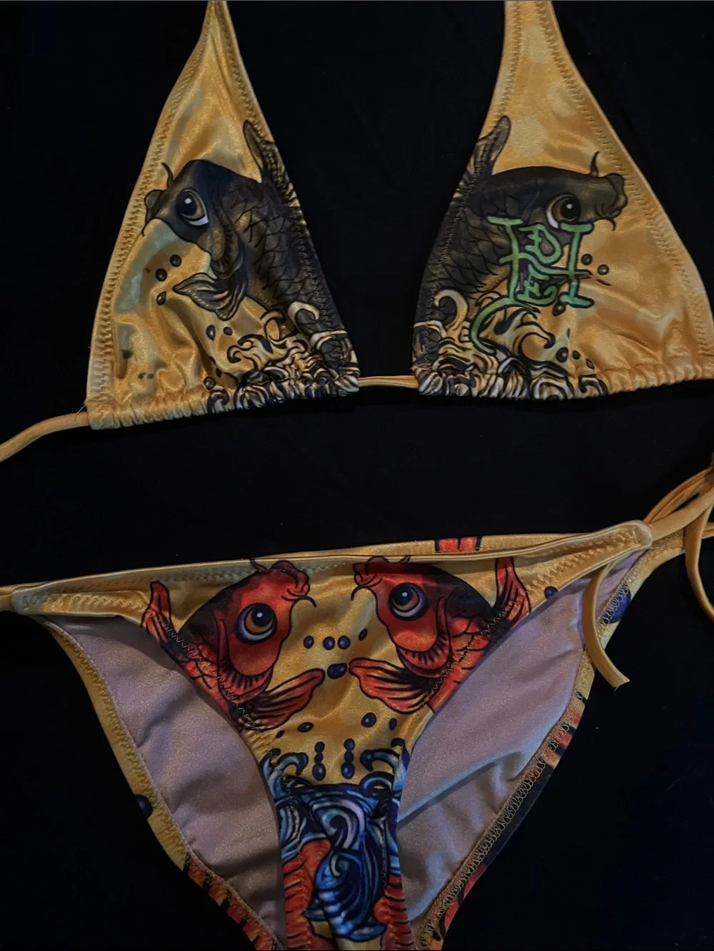 Ed Hardy Vintage Gold Triangle Bikini with Red & Black Koi Tattoo Fish Print
